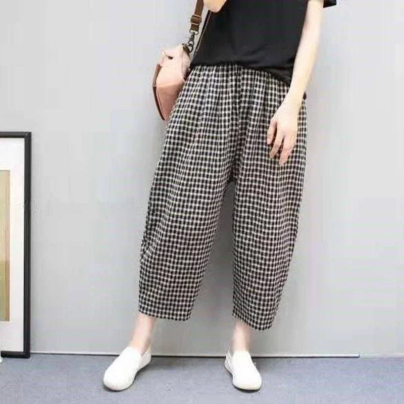 

Women High Street Casual Loose Pockets High Waist Pure Cotton All-match Comfortable Trousers Summer Plaid Fashion Haren Pants