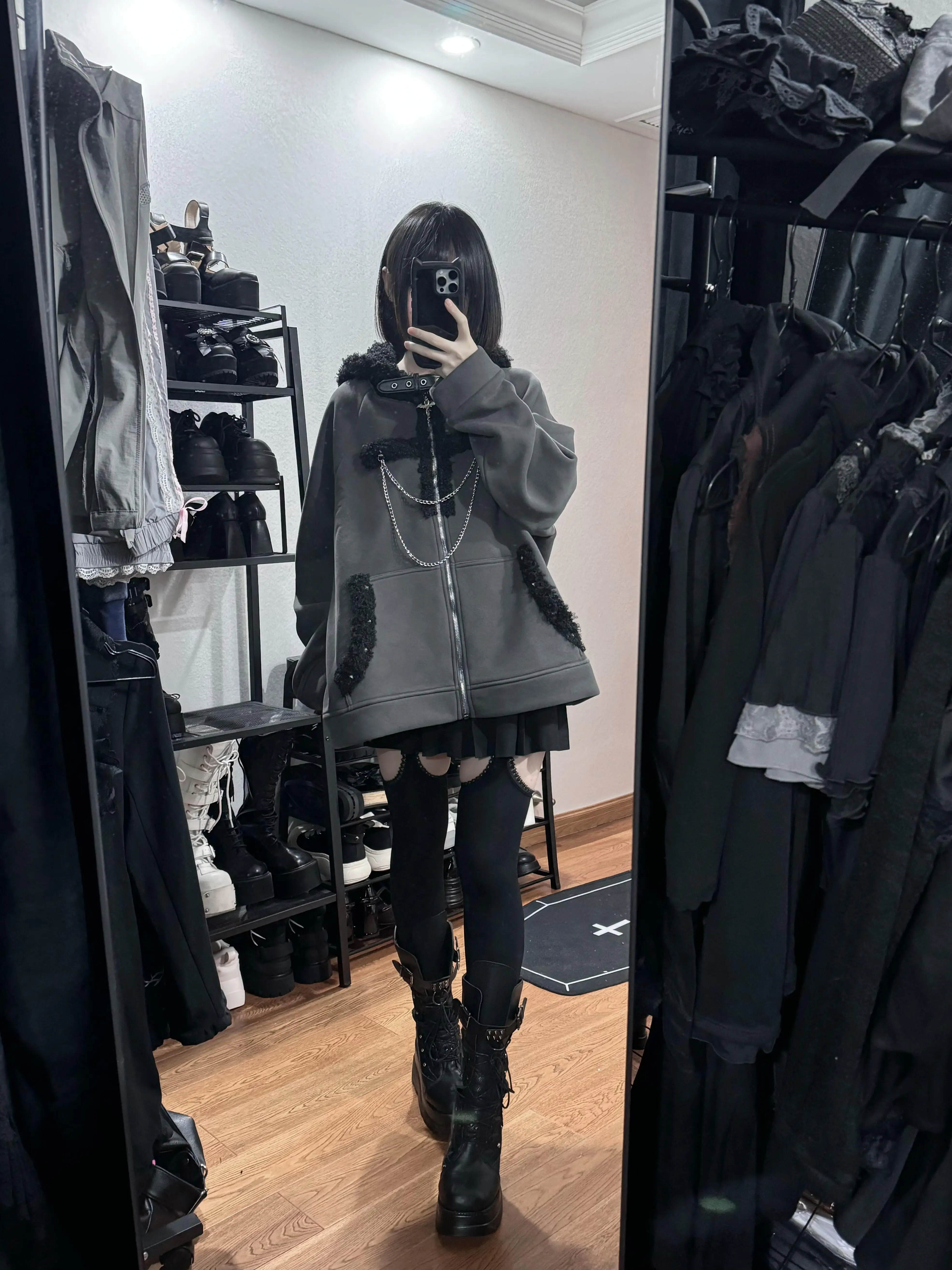 جديد الخريف Harajuku الأسود القط الأذن مقنعين طويلة الأكمام المعدنية الصليب البلوز معطف فتاة ساخنة فضفاضة سميكة الأزياء Kawaii معطف #5