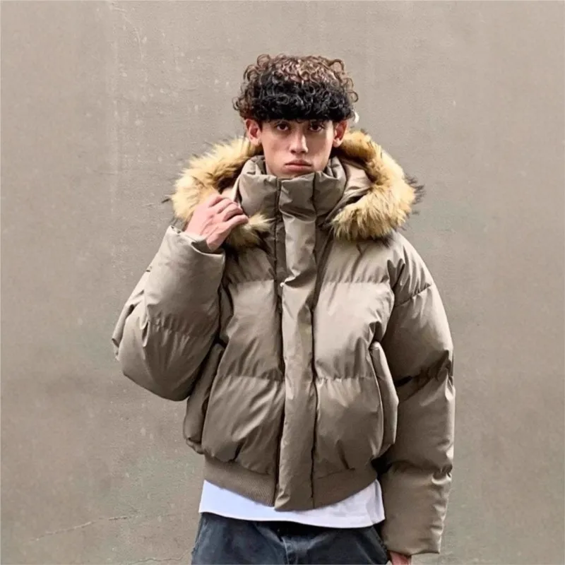

Faux Fur Collar Hooded Men's Winter Parkas, Korean Style Thickened Mans Jackets, Y2k Short Chaquetas, Trendy Casaco Outerwear