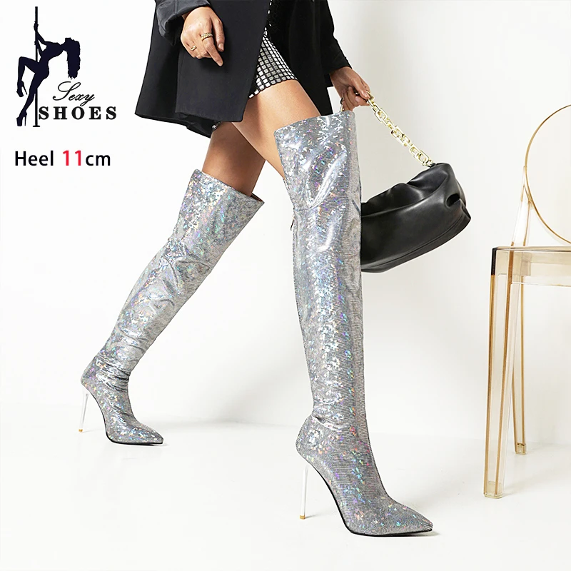 Sexy Pointy Toe Stiletto Heels PU Leather Women\'s Print Over-the-Knee Boots Stripper Shoes 2024 Winter Thigh Booties For Women