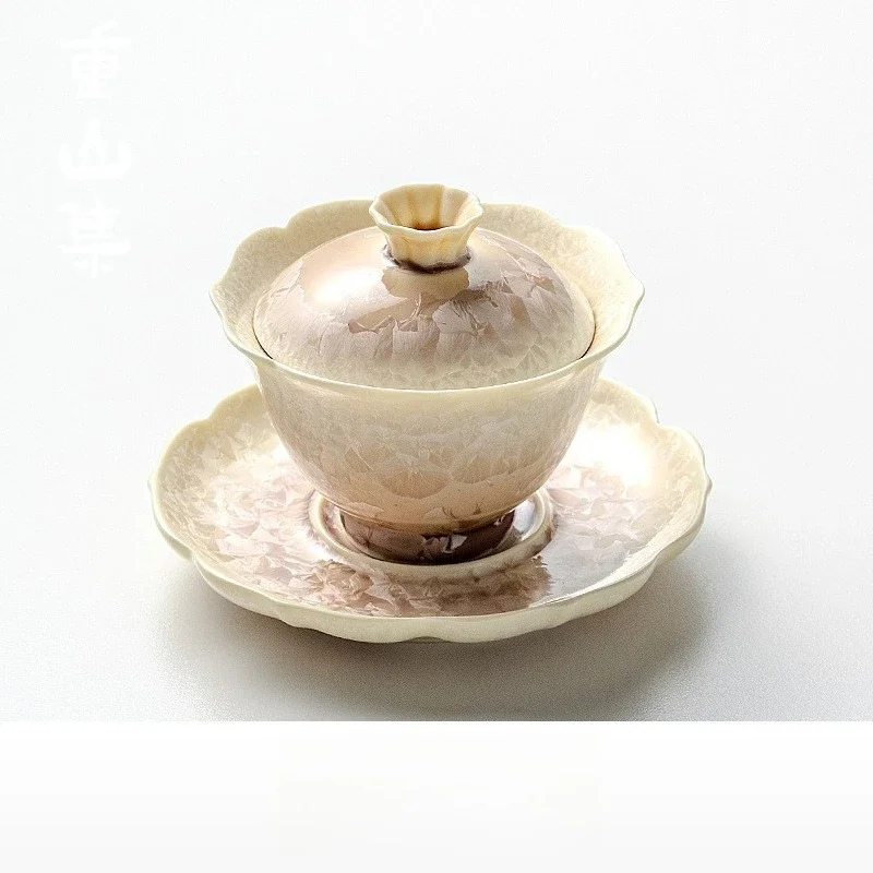 Kiln Transformed Crystalline Ice Flower Ceramics Three Talents Covered Bowls Household Tea Sets Travel Sets