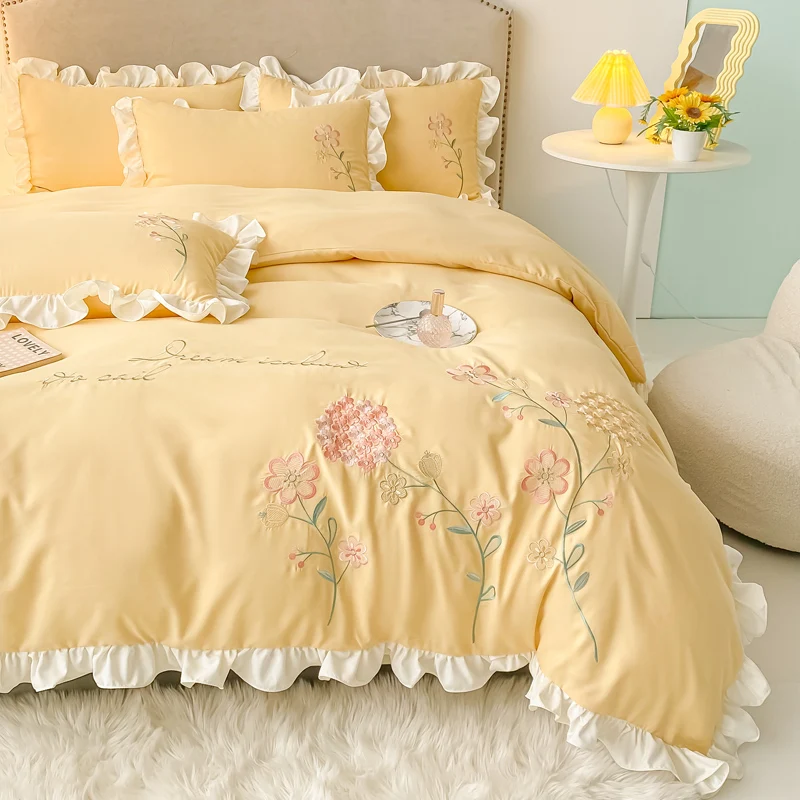 Cute Floral Bedding Set for Girls Boys Kids Single Queen Size Embroidery Duvet Cover with Ruffles Pillowcase Yellow Home Textile