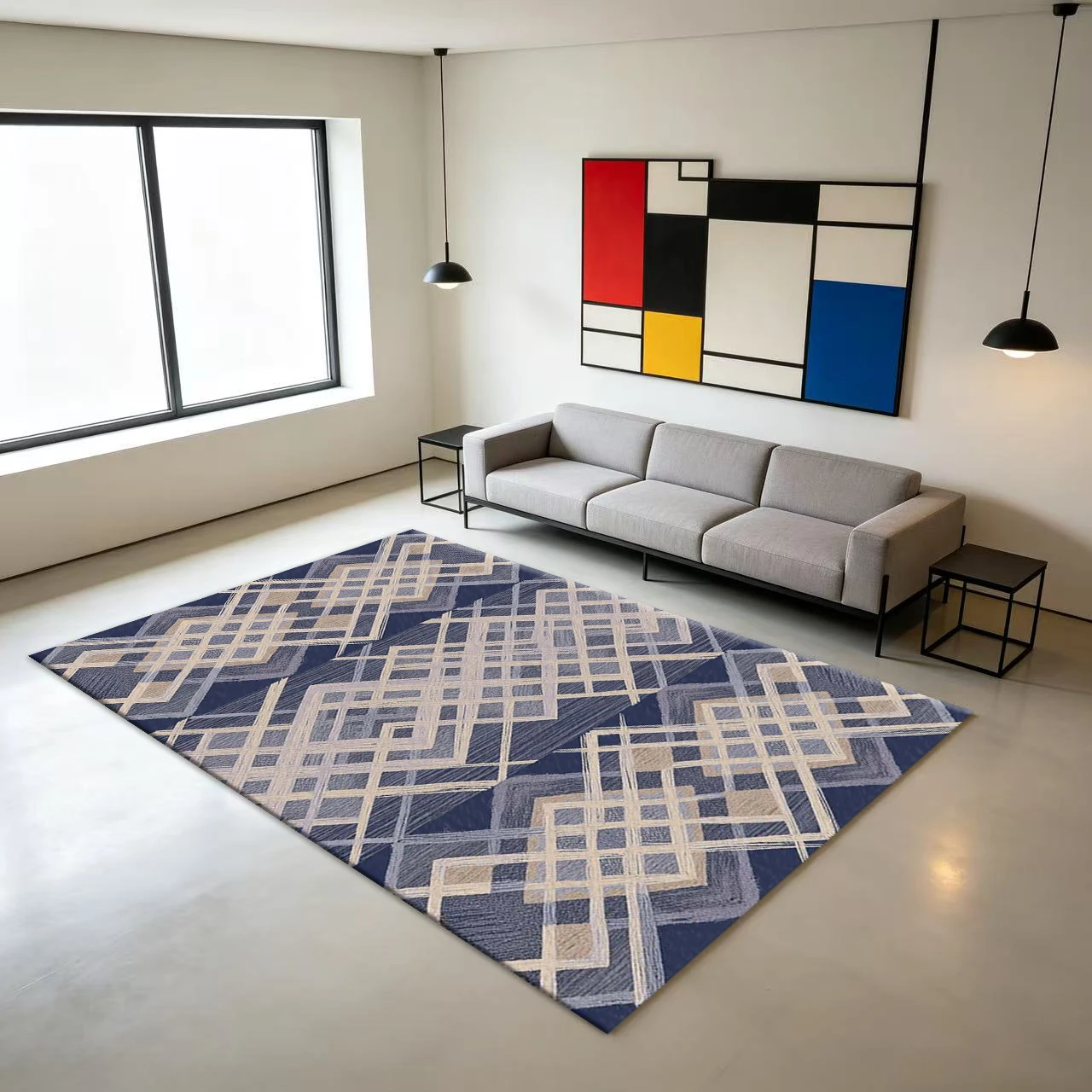 Navy Blue Beige Diamond-Inlaid Carpet Floor Decoration Modern Geometric Pattern Woven Non-Slip Carpet