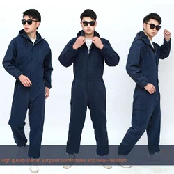 Men's Workwear, Denim Jumpsuit, Dirt Resistant And Wear-Resistant Deep Blue Workwear, Auto Repair And Labor Protection Suit