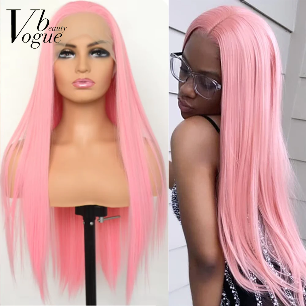 Voguebeauty Pink Synthetic Lace Front Wig Silky Straight Heat Resistant Fiber Natural Hairline Cosplay For Women