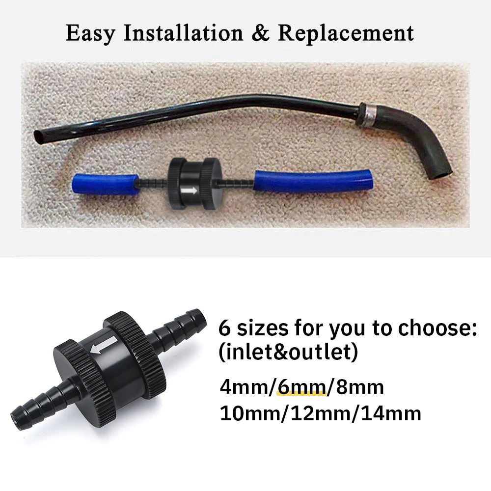 6 Size 4MM / 6MM / 8MM / 10MM / 12MM / 16MM Non Return One Way Fuel Check Valve Aluminum Alloy Petrol Diesel PQY-FCV