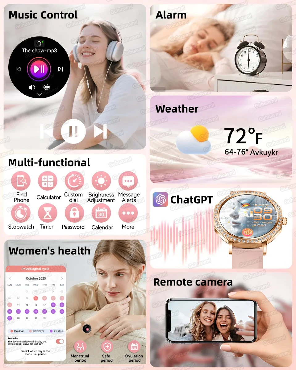 2026 سيدة 1.32 "موضة ساعة ذكية المرأة شاشة AMOLED نظام تحديد المواقع معدل ضربات القلب بلوتوث دعوة مقاوم للماء في الهواء الطلق رقيقة جدا الساعات الذكية #6