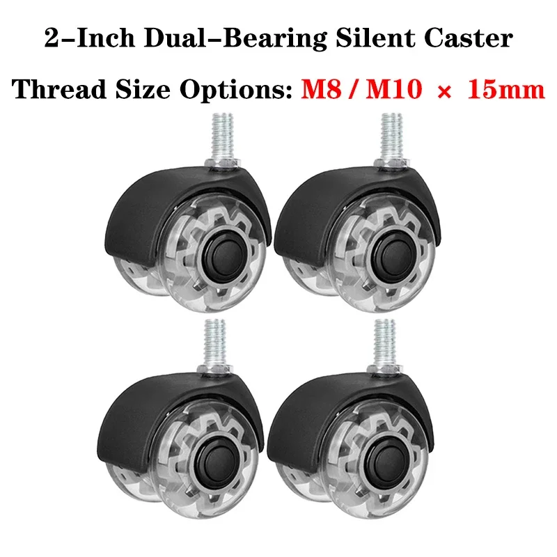 4pc 2 Inch Silent PU Caster Wheels Dual Bearing 360° Swivel with M8/M10 X 15mm Threaded Stem for Furniture Office Chair And Cart