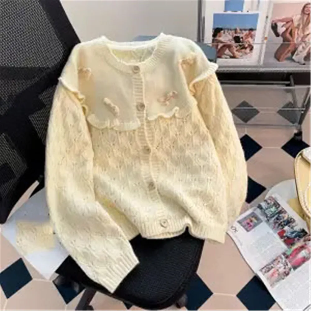 

Fashion Sweet Sweaters Bow Ruffles Hollow Out Solid Color Autumn Loose Cardigan 2024 New Design Preppy Style All Match Clothing