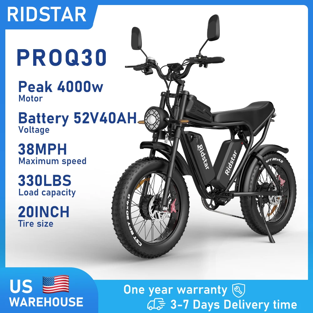 

Ridstar 4000W Electric Bike for Adults 52V 40AH Dual Battery 38 MPH 188 Miles Electric Dirt Bike 20" Fat Tire Mountain Bicycle