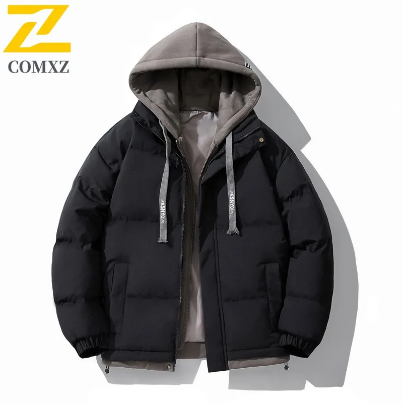 COMXZ Autumn Winter Cotton Coat Men Camping Windproof Winter Coat Trendy Korean Style Hooded Thickened Sport Casual Outerwear