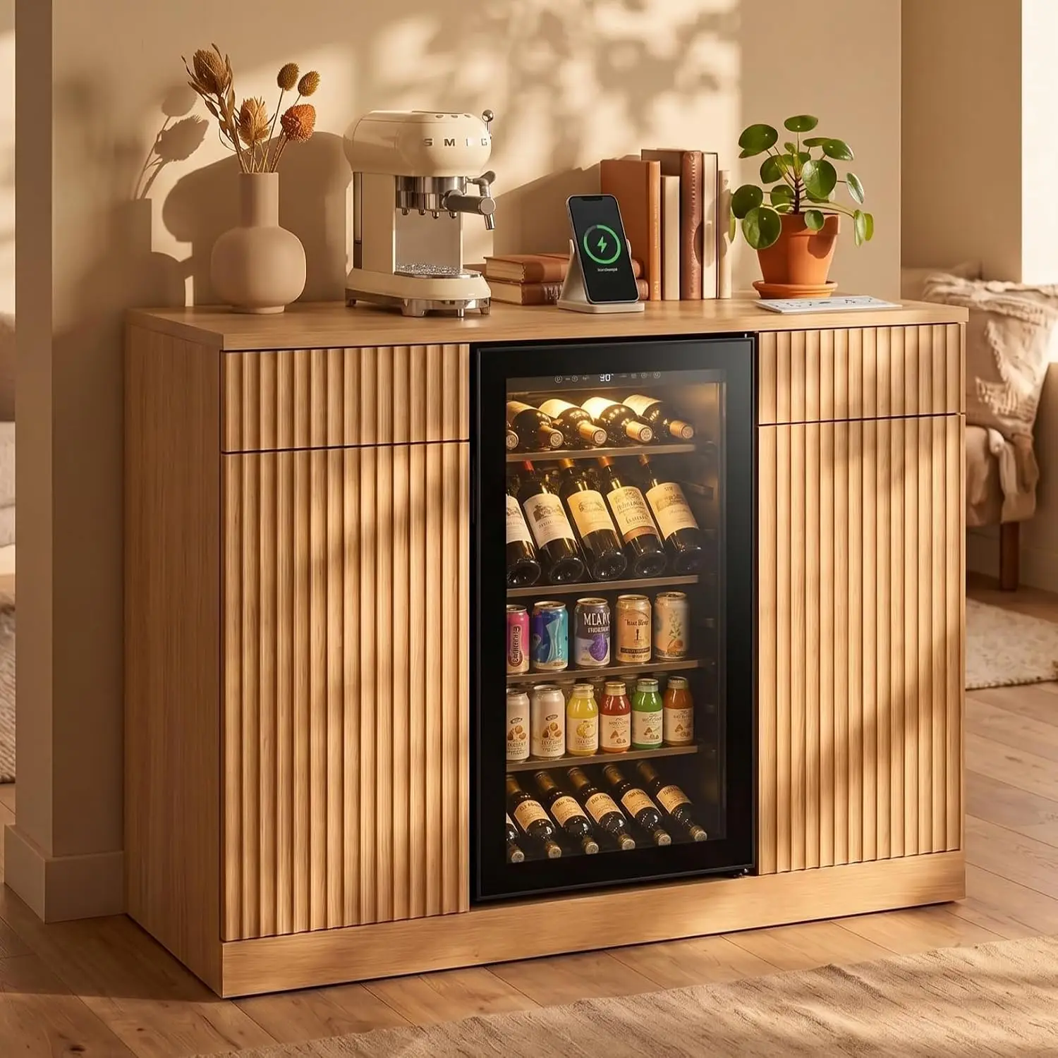 Large Coffee Bar Cabinet with Fridge Space, Fluted Mini Fridge Cabinet with Storage & Power Outlet, Modern Design Buffet Sideboa