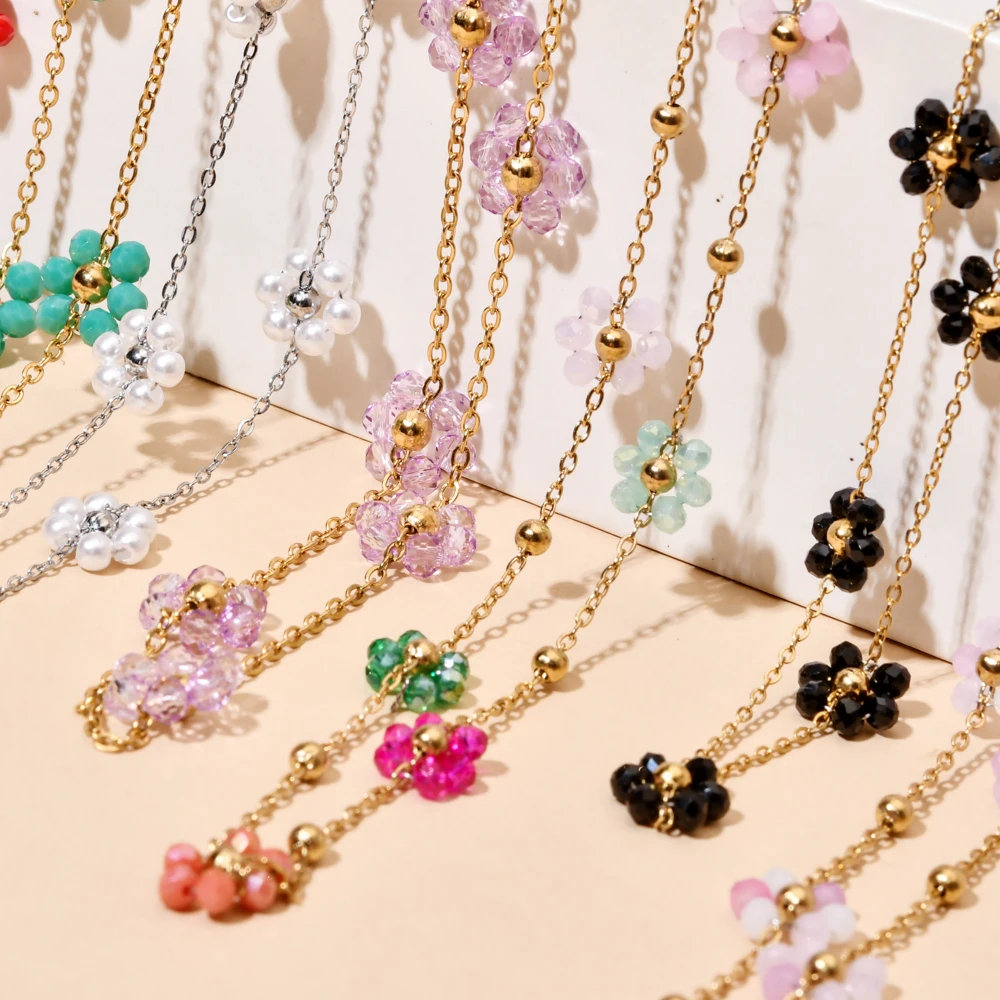 Handmade Glass Beads Cherry Blossom Charm Necklace For Women Simple Style Flower Clavicle Chain Party Jewelry Choker Gift