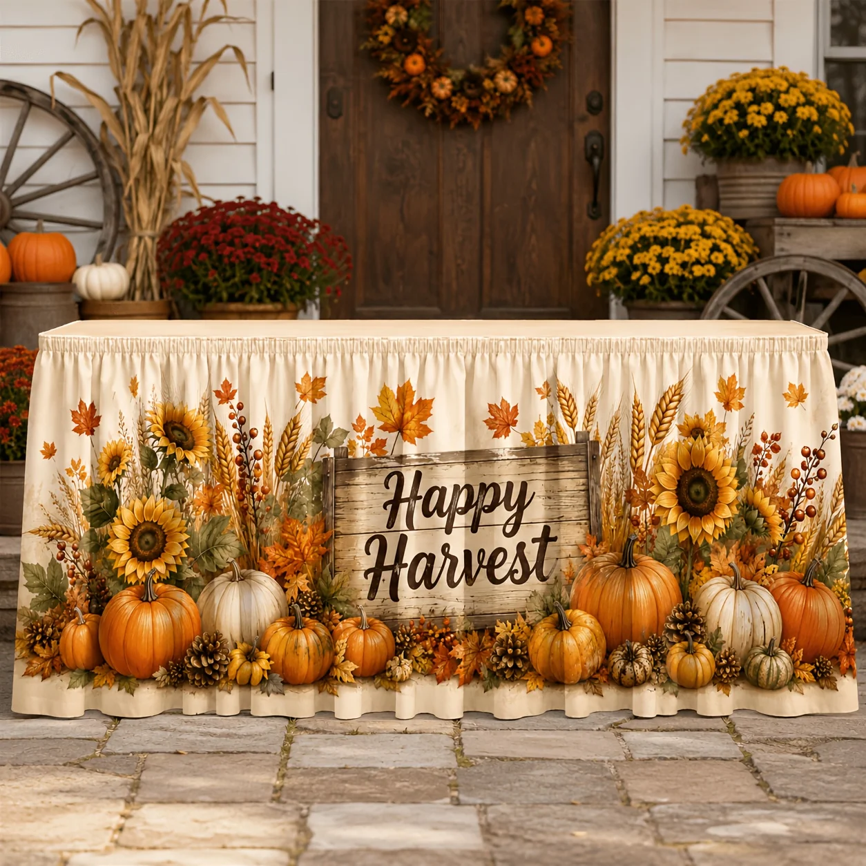 1 piece of tablecloth - Happy Harvest - Wooden sunflower, pumpkin, maple leaf, pinecone autumn farm Thanksgiving decorationxzj