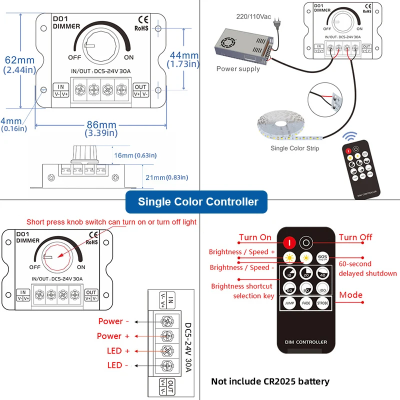 DC5-24V 30A RF LED Dimmer Dimming Controller Wireless Control Through The Knob to Adjust Brightness for LED Single color Strip