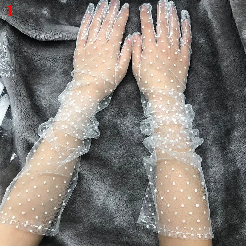 Semi Sheer 60cm Long Full Finger Mittens Summer Sunscreen Sexy Transparent Party Gloves For Women White Black Dot Weeding Gloves