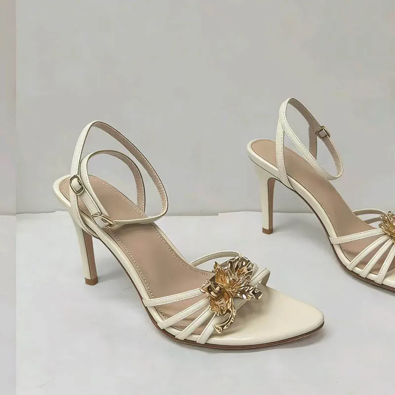 Women's Patent Leather Stiletto Sandals Gold Floral Ornament with Ankle Buckle for Weddings Parties Elegant Luxury Statements
