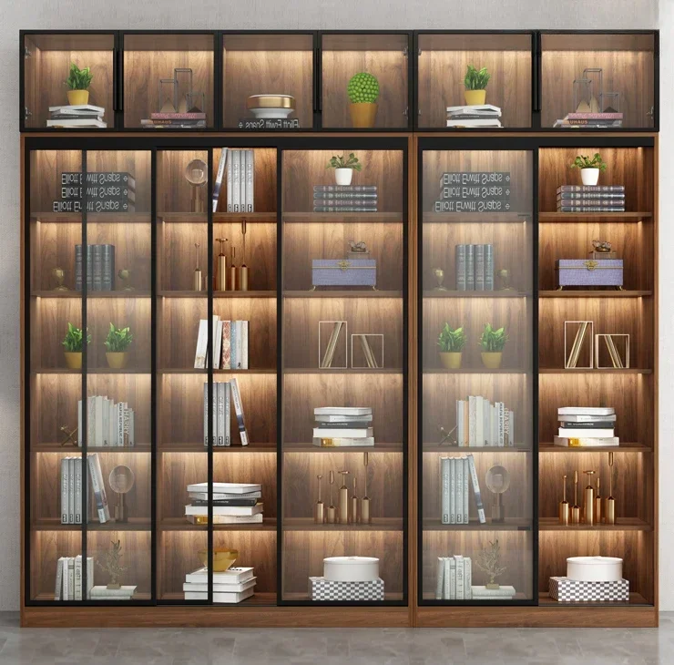 Handheld cabinet, sliding door, bookshelf, glass door, bookshelf, living room storage display, dustproof solid wood bookshelf