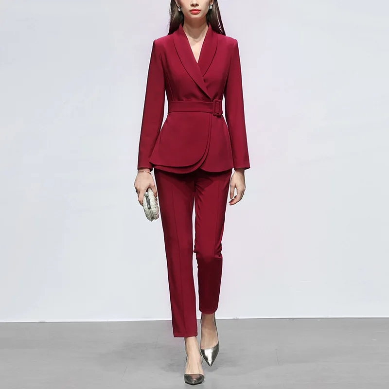 Designer Women Suits Set Elegant Blazer+Straight Pants Prom Dress Formal Business Office Lady Jacket With Belt In Stock