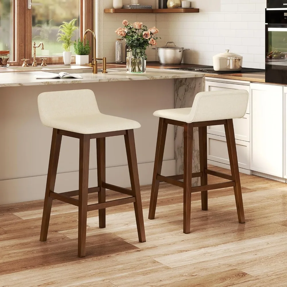 나무 바 스툴 4개 세트, 29인치 높이의 패딩 처리된 시트, 낮은 등받이, 발판, 고무나무 다리, 팔걸이 없는 바