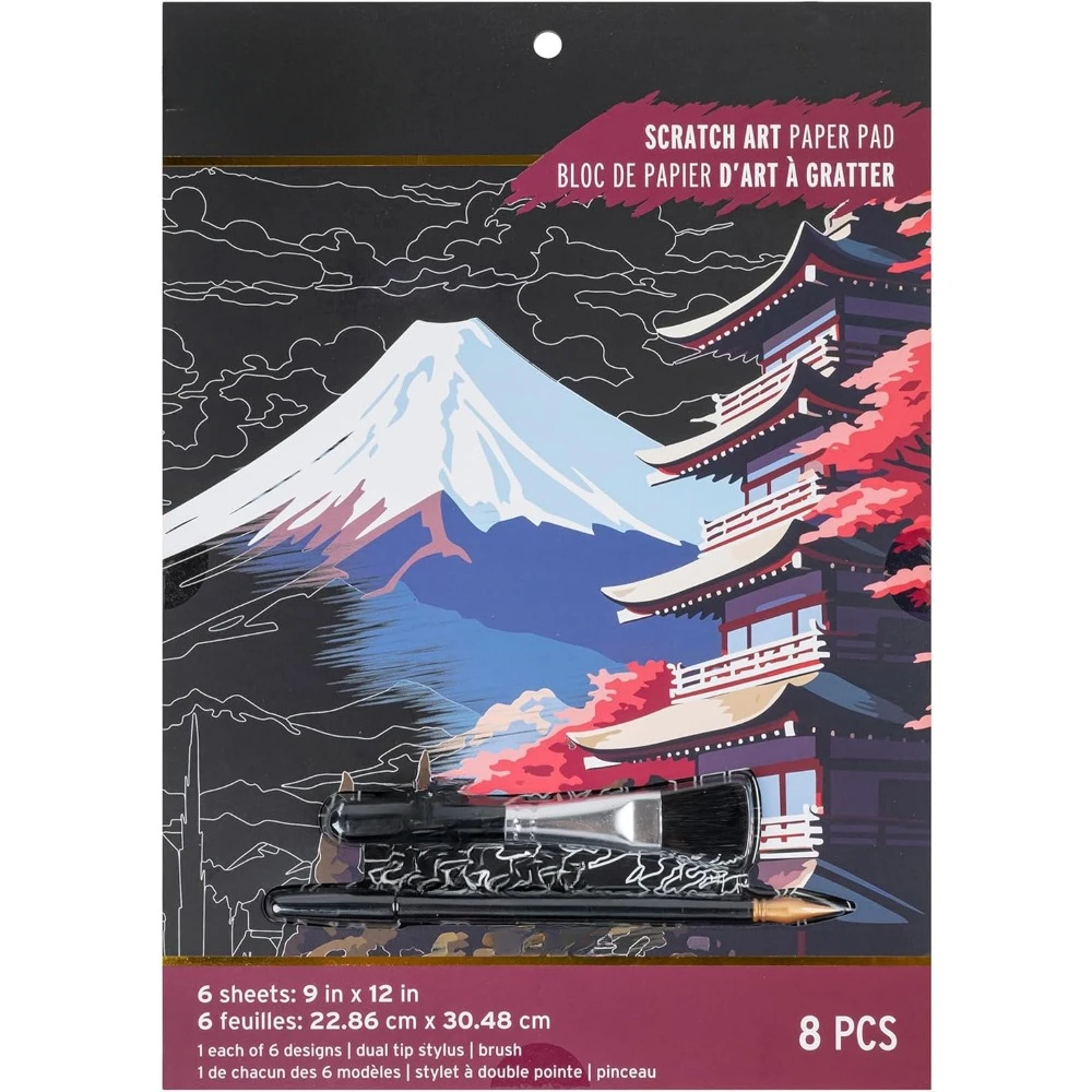 스크래치 아트 종이 패드 - 올빼미와 달, 금속 가이드 아트, 양방향 스타일러스 및 브러시