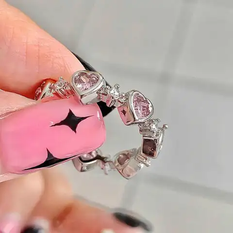 Pastel Pink Diamond Heart Ring for Women - Dainty Unique Design, Luxury Elegant Adjustable Open Ring