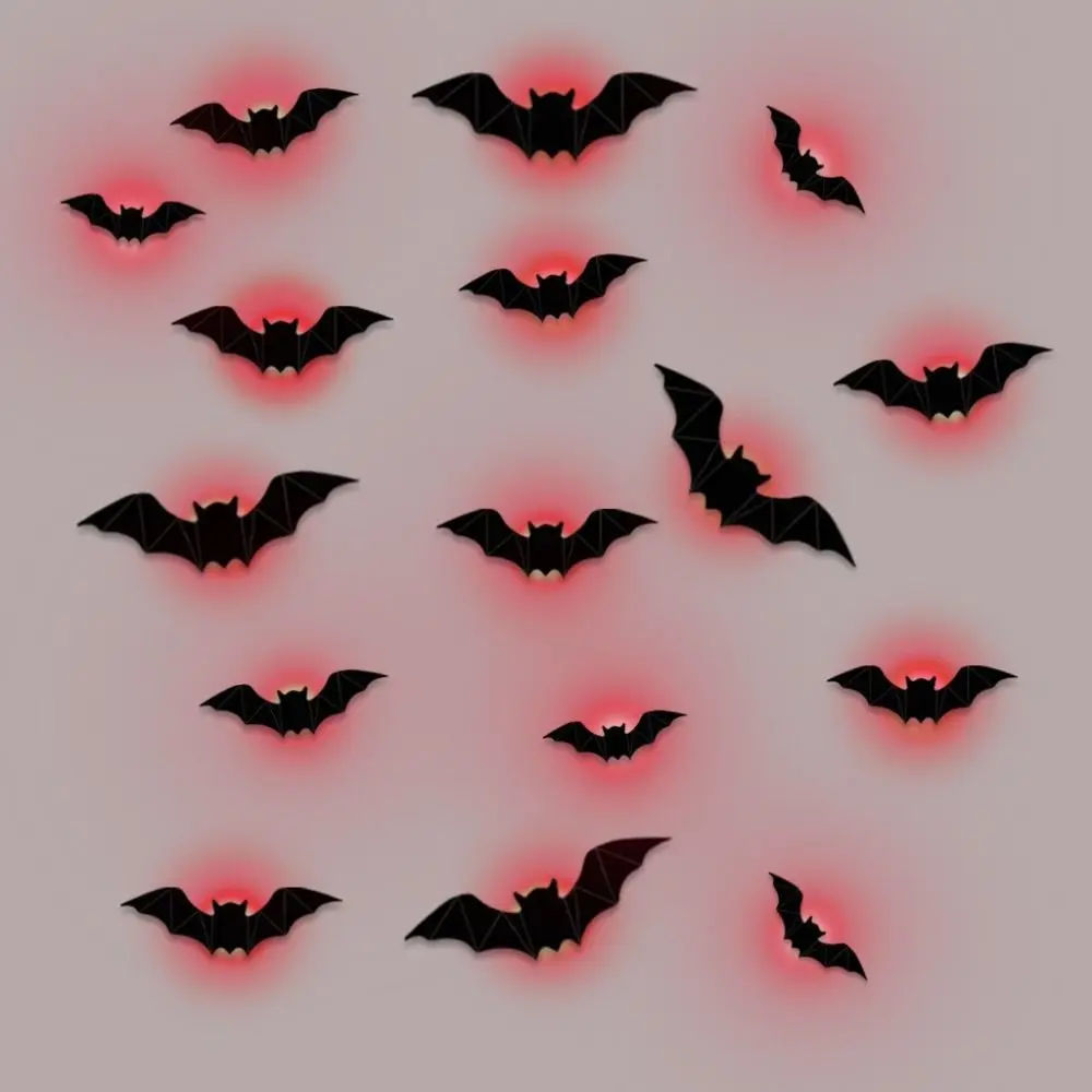 16pcs 3D Luminous Bat Wall Sticker Stereoscopic PET Material LED Bat Light Removable Self-Adhesive Halloween Wall Decal