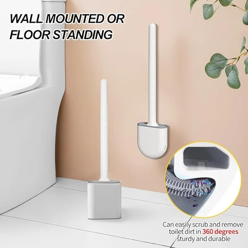 Silicone Toilet Brush and Holder Wall Mounted for Bathroom Quick Drying Efficient Professional Deep Cleaning