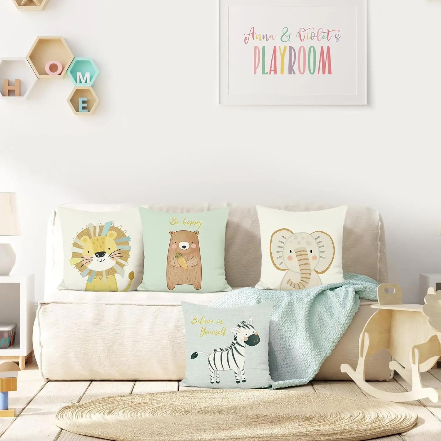 4pcs Cute Cartoon Lion Bear Zebra Elephant Pillow Covers Polyester Cushion Cases Kids Room Decor Throw Pillowcase Set for Sofa