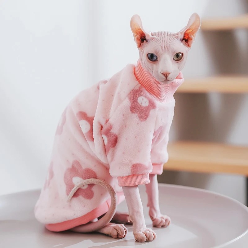 

Sphynx Cat Clothes Winter Warm Pet Cat Hoodies Cute Floral Soft Flannel Kitten Cat Pajamas Costumes For Sphinx Devon Rex Cats