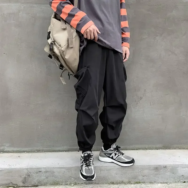 Foufurieux Pants Men Solid Trousers Cargo Baggy Teens Minimalist Pantalones Hipster Retro High Street Design Big Pockets Casual