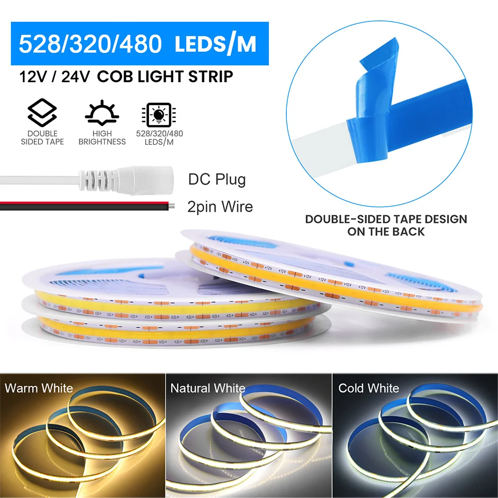 Tira de luces LED COB de 12V y 24V CC, 320, 480, 528, cinta Flexible de alta densidad, iluminación lineal, blanco cálido, 8mm, PCB, 0,5 m, 1m, 2m,