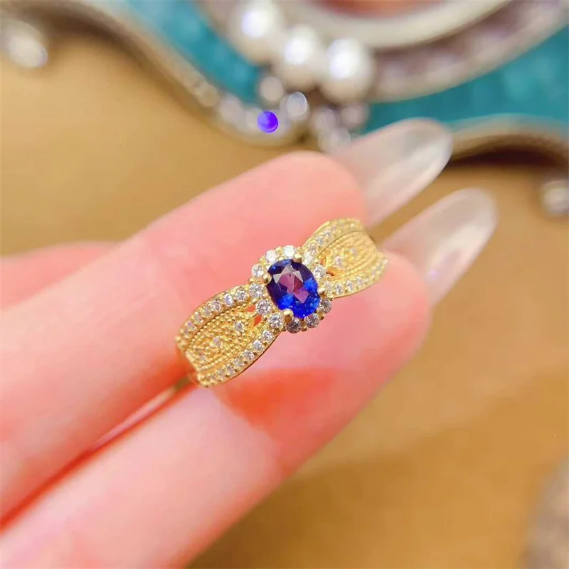 

Natural Sapphire Wedding Ring 925 Sterling Silver Women Yellow Gold Girl Lady with Certificate Elegant Jewelry Gift