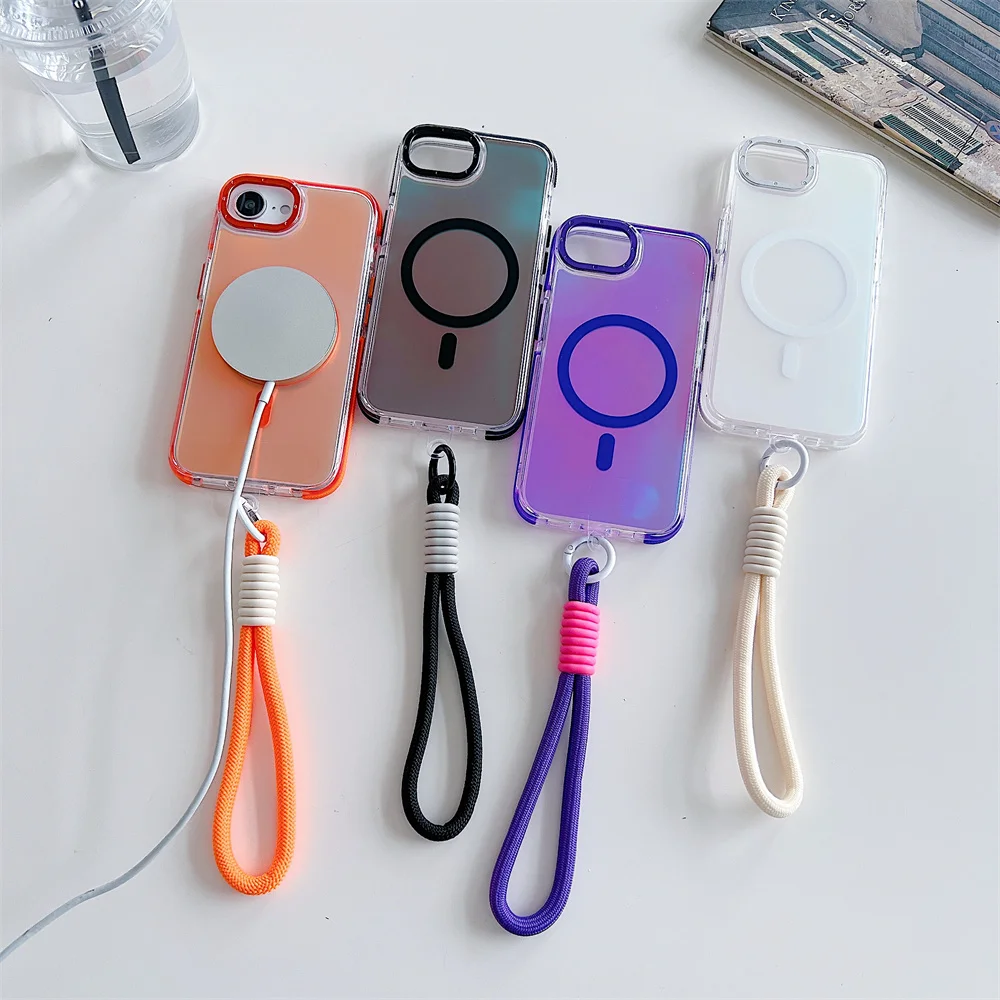 17Pro Laser Gradient for Magsafe Magnetic Case For iPhone 17 Air 11 12 13 14 15 16 Pro Max Plus 16e Fashion Lanyard Armor Cover