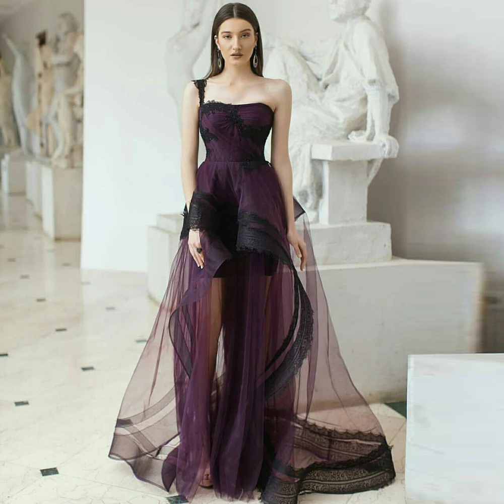 Srunning Dark Purple&Black Asymmetrical Long Maxi Gowns Appliques Lace Ruched Formal Party Dresses See Thru Bridal Dresses