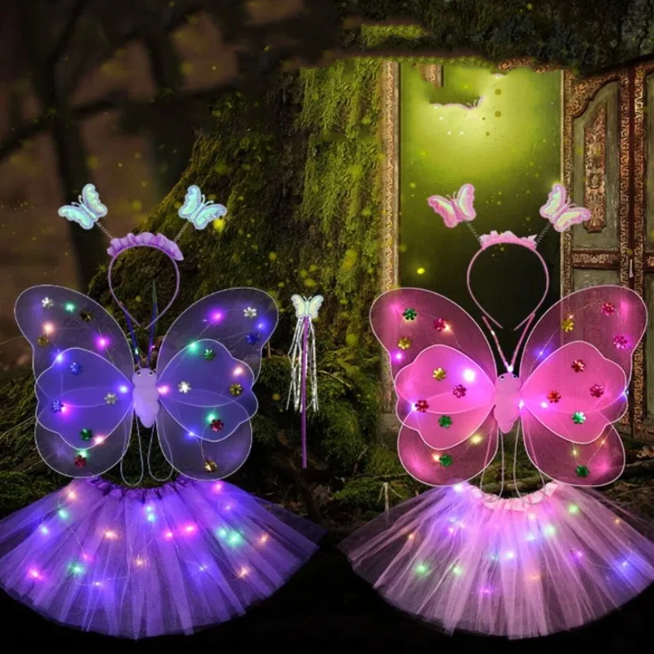 4pcs/set Double Shouder Strap Luminous Wing Skirt Set LED 20 Lights Butterfly Skirt Set Cosplay for Children Under 1.6m Tall