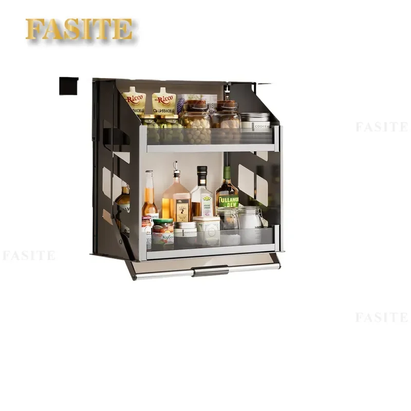 For Kitchen Cabinet Hanging Storage Basket Manual Pull Down Lift Vertical Seasoning Rack with Soft Close Buffer Space Saving