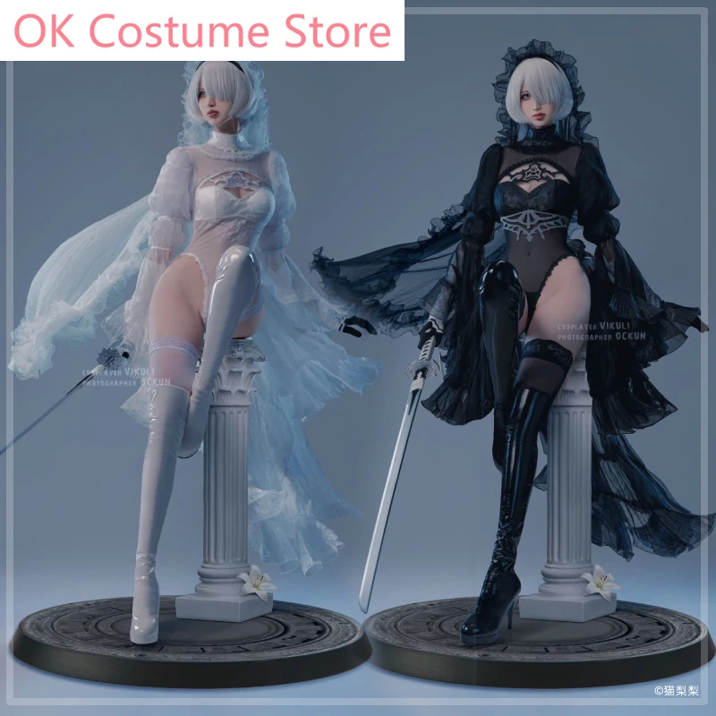 

Anime! Game NieR Automata 2B Black White Flower Wedding Dress Jumpsuits Uniform Cosplay Costume Halloween Party Outfit