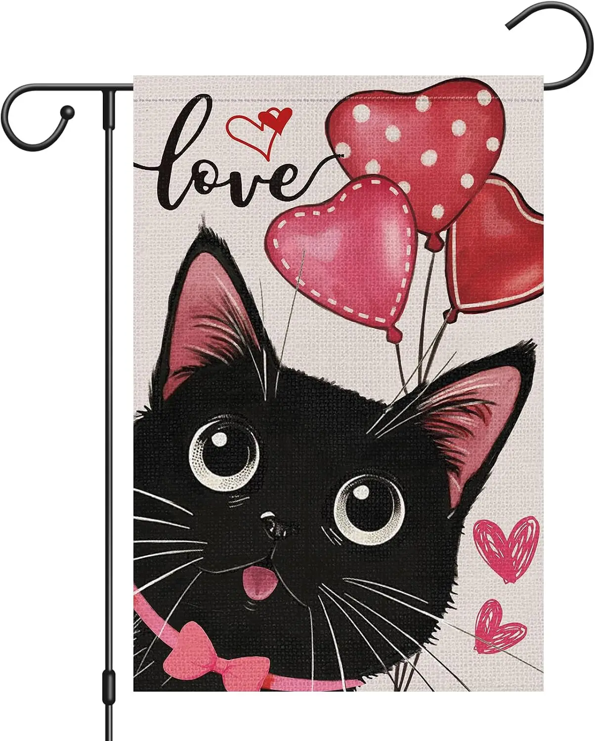 Heyfibro Valentines Love Garden Flag 12 x 18 Inch Double Sided Burlap, Cute Black Cat with Love Balloon Party Supplies for A uui
