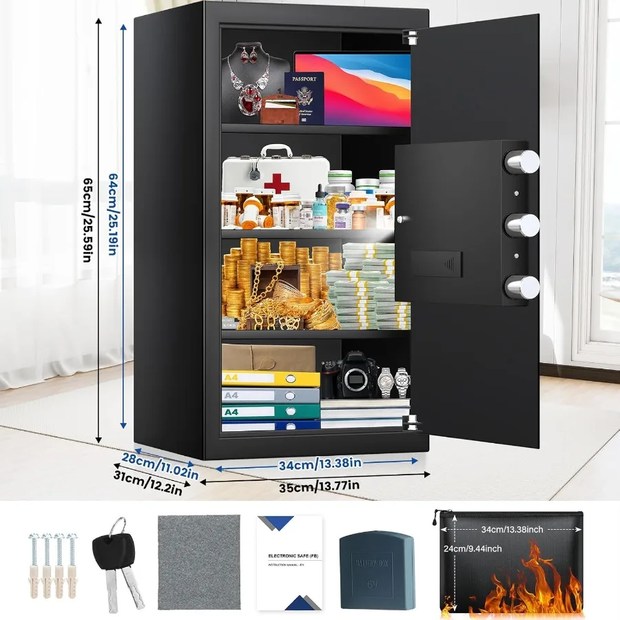 Large Home Safe Box Fireproof Waterproof with A4 Fireproof Bag and Backlit Keypad 5.6 Cu Ft Antitheft Fireproof Safe with 3 Rem