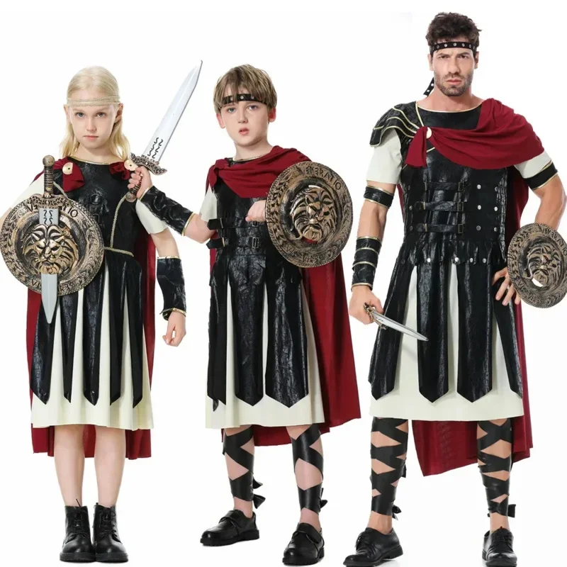 SN88 Ancient Roman Warrior Gladiator Costume Adult Kids Men Boys Uniform Halloween Dress Up Party Knight Roman Solider Fancy Dre