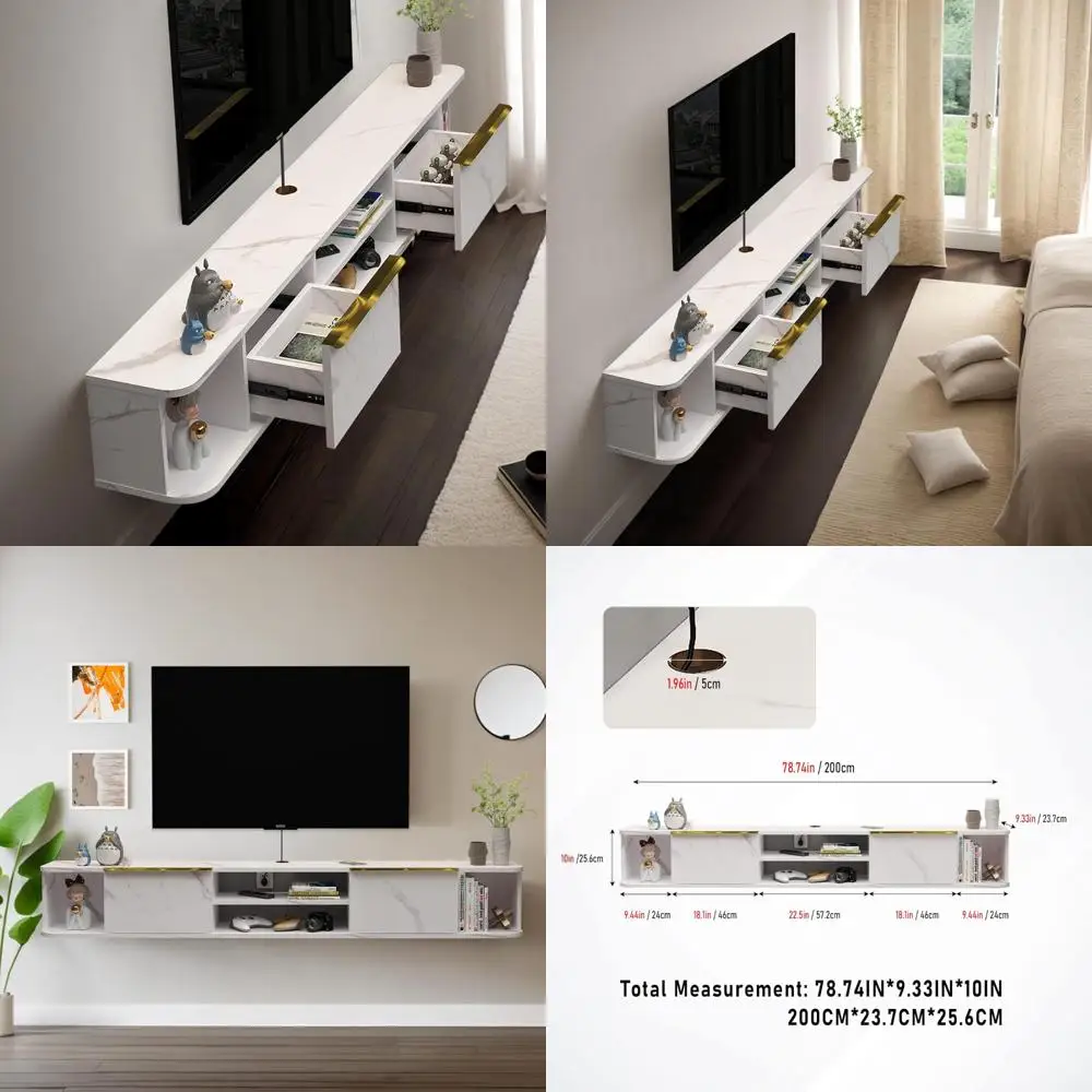 حامل تلفزيون عائم من Pneumonia مع درجين، ورف تلفزيون مثبت على الحائط مقاس 78 بوصة، ووحدة تحكم الوسائط لغرف النوم وغرف المعيشة باللون الأبيض