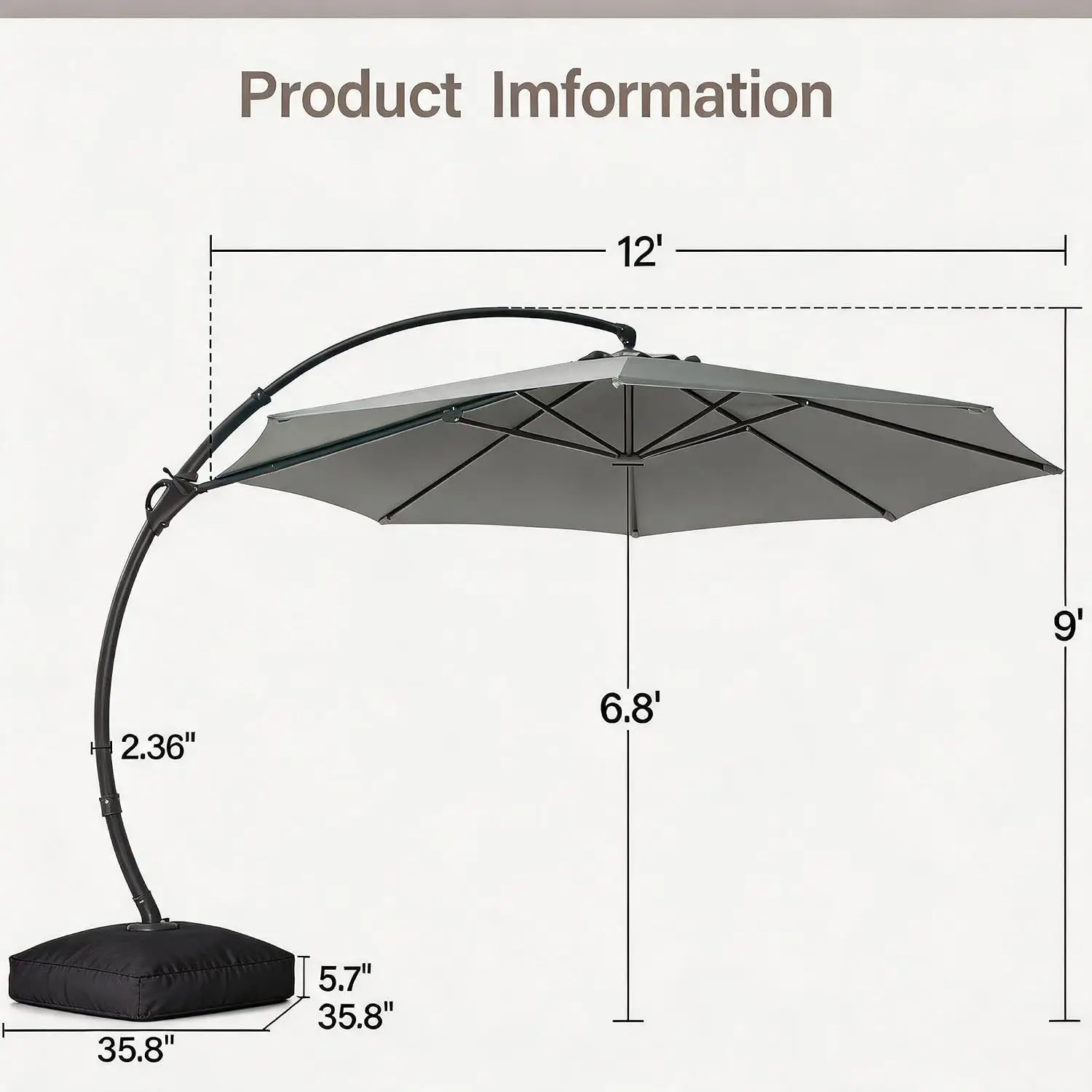 12ft Patio Cantilever Umbrella with Base Included, Outdoor Curvy Round Offset Umbrella, Heavy Duty Aluminum, Customized