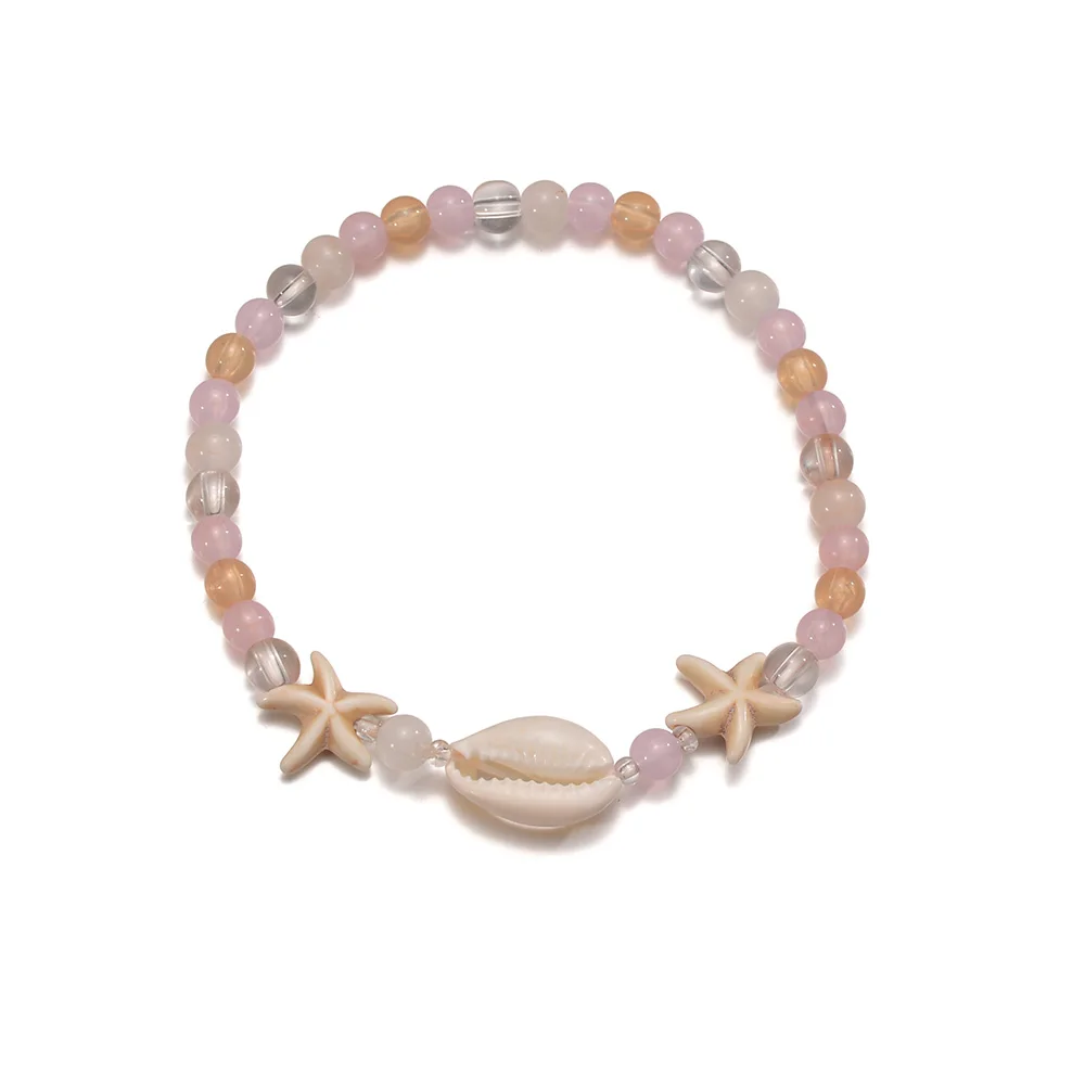 Bohemian style starfish shell mixed with round bead women\'s anklet