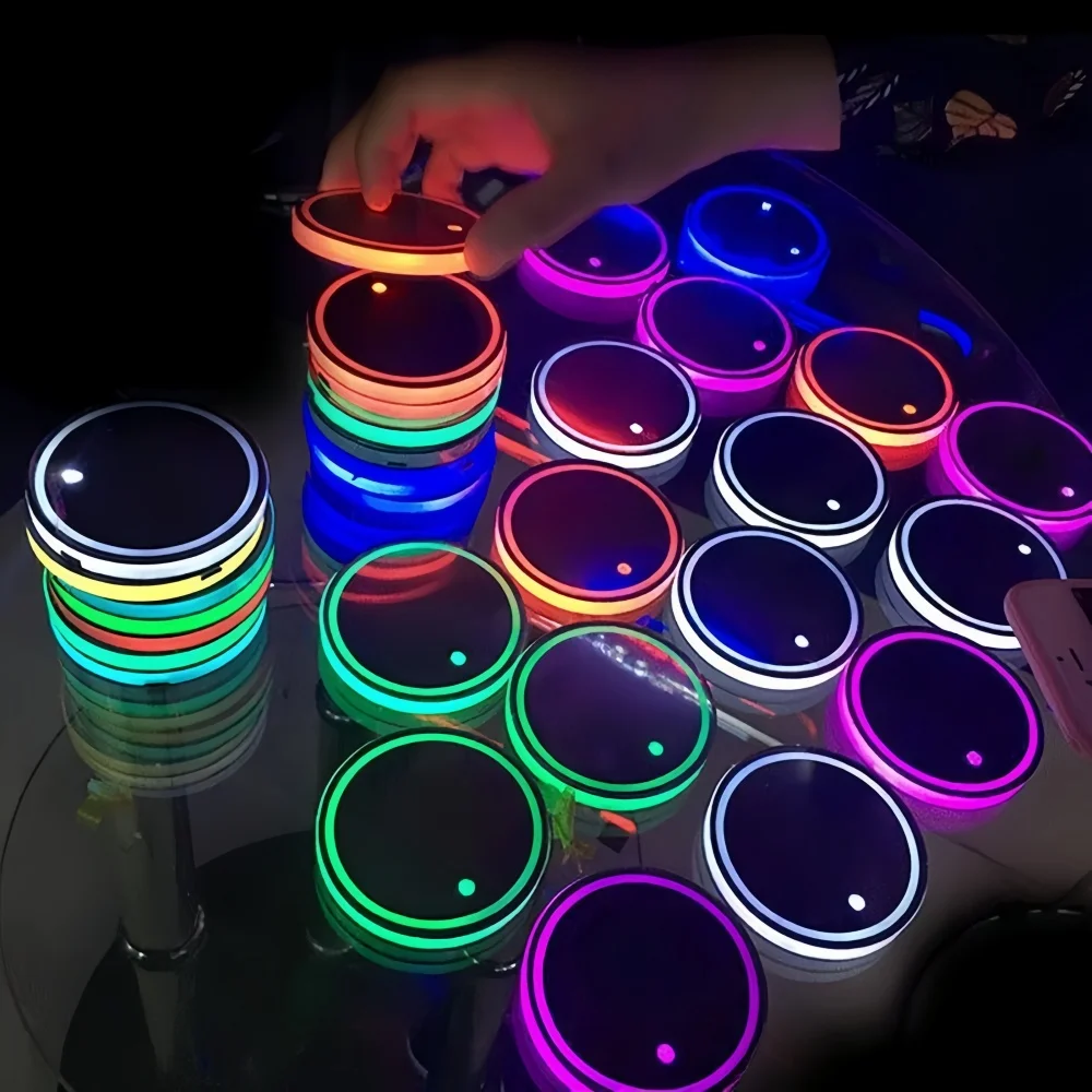 1/4pcs LED Car Coasters Intelligent Light Coaster Universal Drink Holder Mat Lights 7-Color Glowing Cup Mats Auto Interior Deco