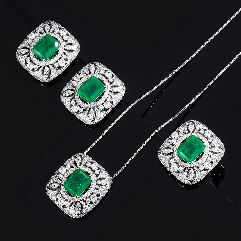

Emerald Zircon Necklace Vintage Square Full Diamond Ring Women Elegant Noble Earrings Jewelry Set
