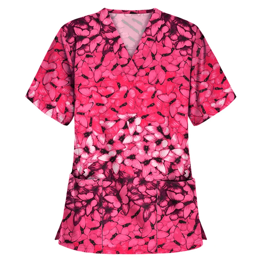 Nursing Uniform for Women Concise Butterfly Print Vet Medico Tops Summer V-Neck Short Sleeve Tee Health Care Scrub Medical Woman