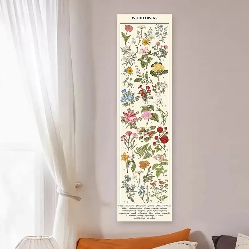 VIKAMA Retro Plant Catalog Vertical Tapestry Wildflower Art Hanging Cloth Entrance Corridor Thin Strip Wall Tapestry