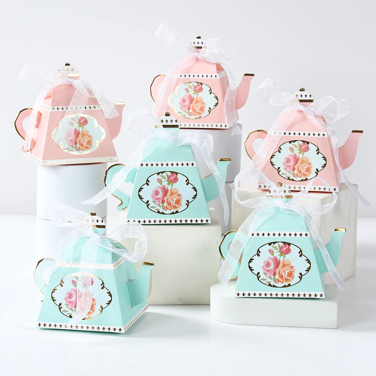 10PCS Teapot Shape Paper Candy Boxes Pink Blue Gifts Box for Guests Christmas New Year Birthday Party Favors Baby Shower Favors