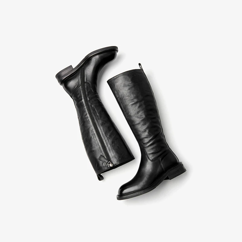 BEAUTODAY Long Boots Women Genuine Horse Leather Solid Color Round Toe Zip Knee High Boots Pleated Ladies Shoes Handmade 01284